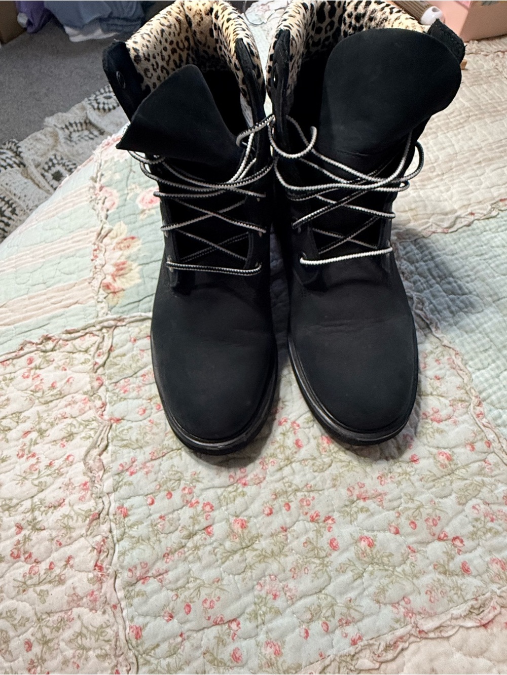 Timberland Black Leather Boots Leopard Collar 8.5 Waterproof